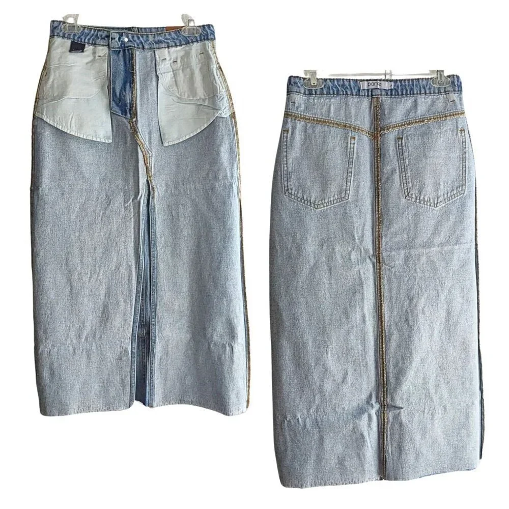 NWT PARKE Button Down Medium-Light Wash Midi Maxi Denim Skirt Size L